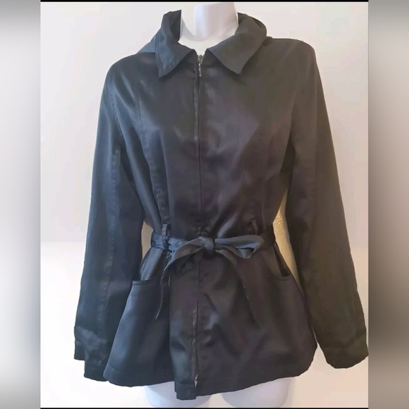 Vntg Women's Jacket Removable Hood Belt Black Silky CS Signature Ukraine Made S - Picture 2 of 11